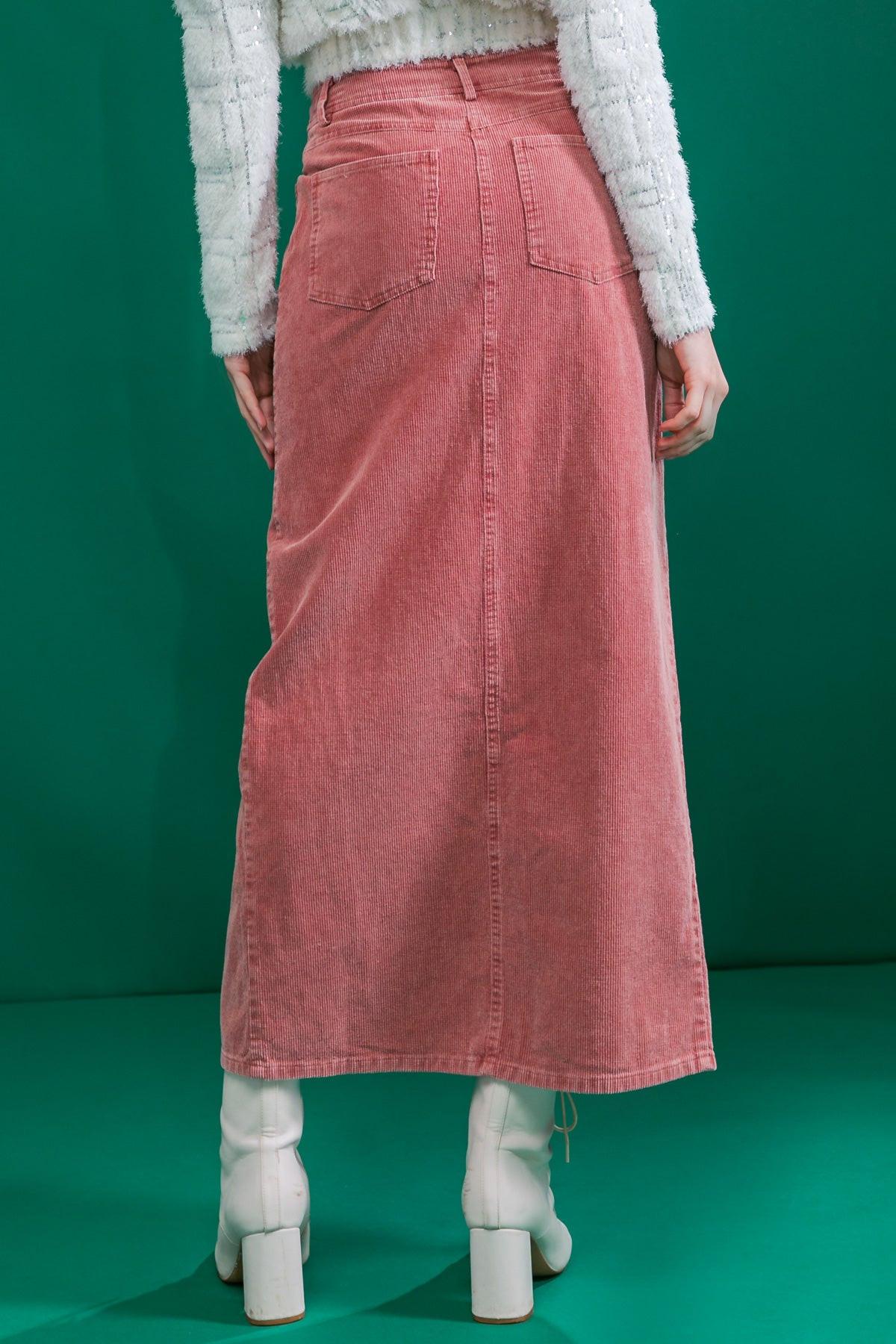 Corduroy Midi Skirt with Front Slit Front Closure and Pockets Classic Wash — Soul Flow Apparel
