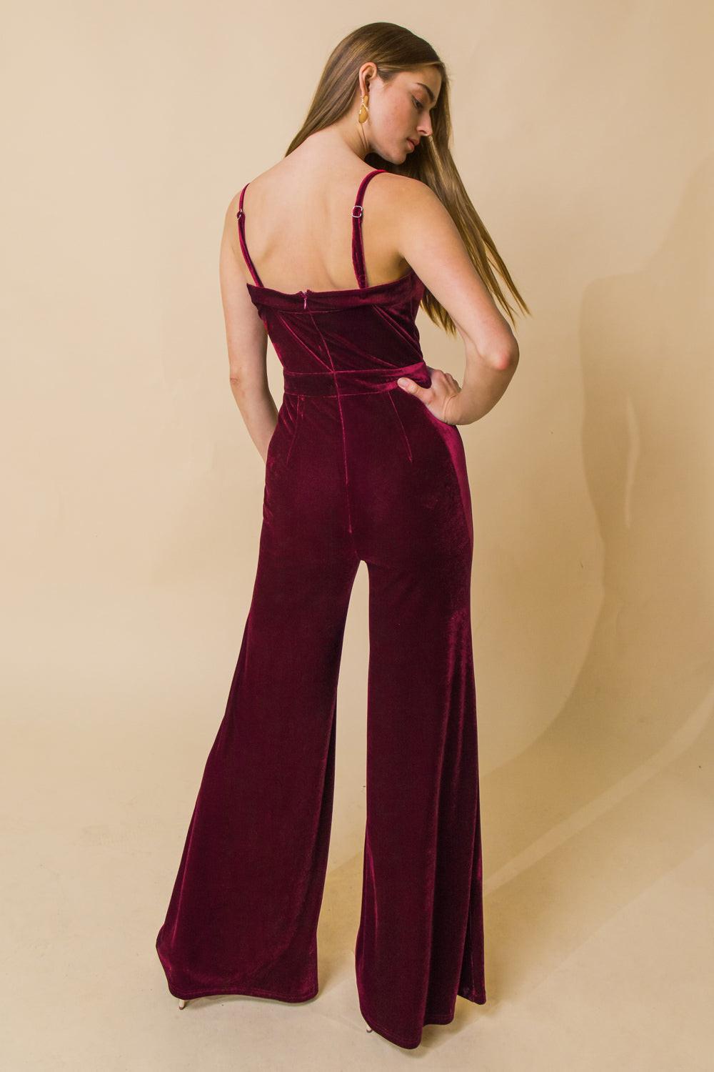 Blow a Kiss Velvet Jumpsuit with Front V Detail and Wide Leg — Soul Flow Apparel
