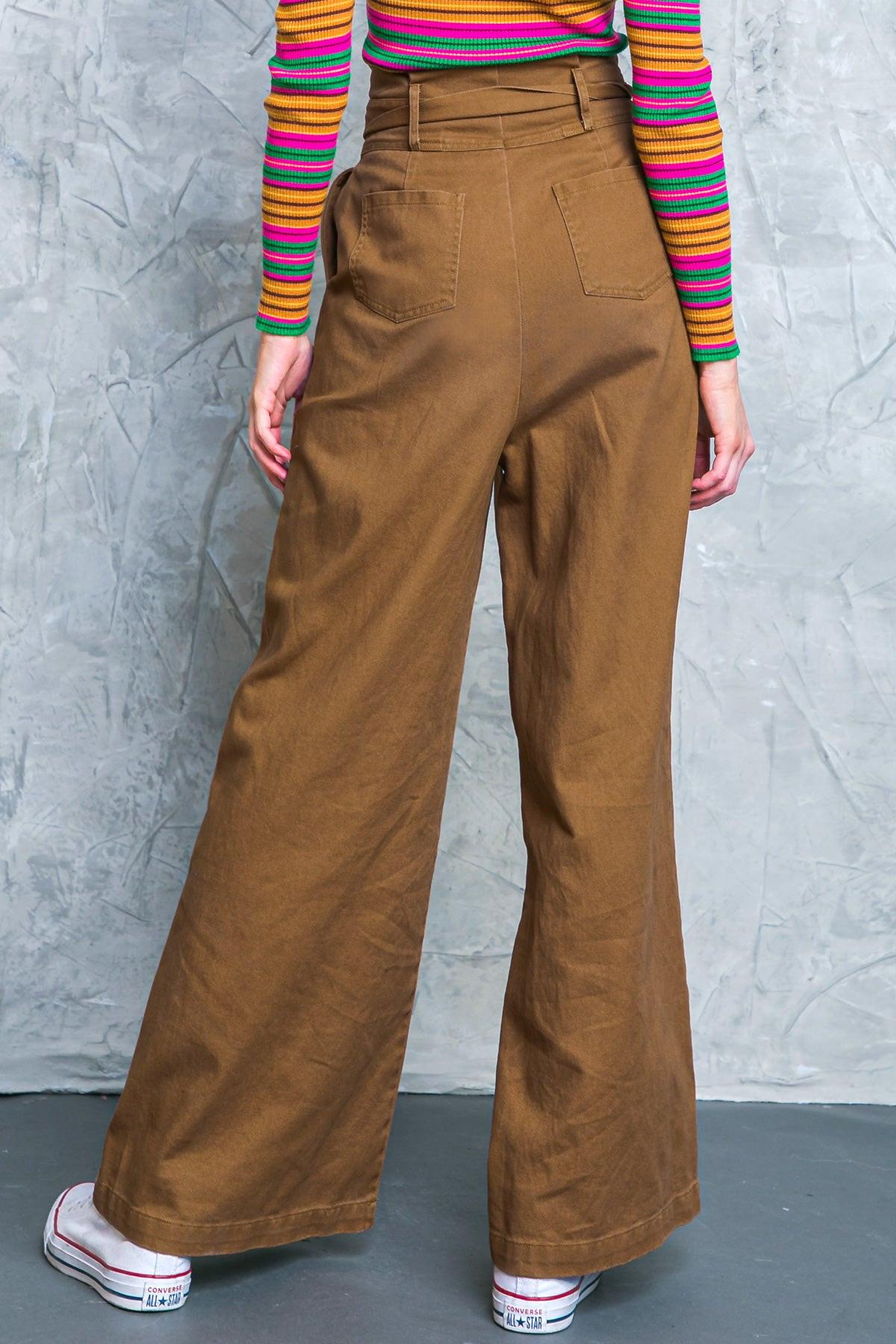 Big Moment Twill Pants High Waisted Paperbag Waist with Self Belt Wide Leg — Soul Flow Apparel