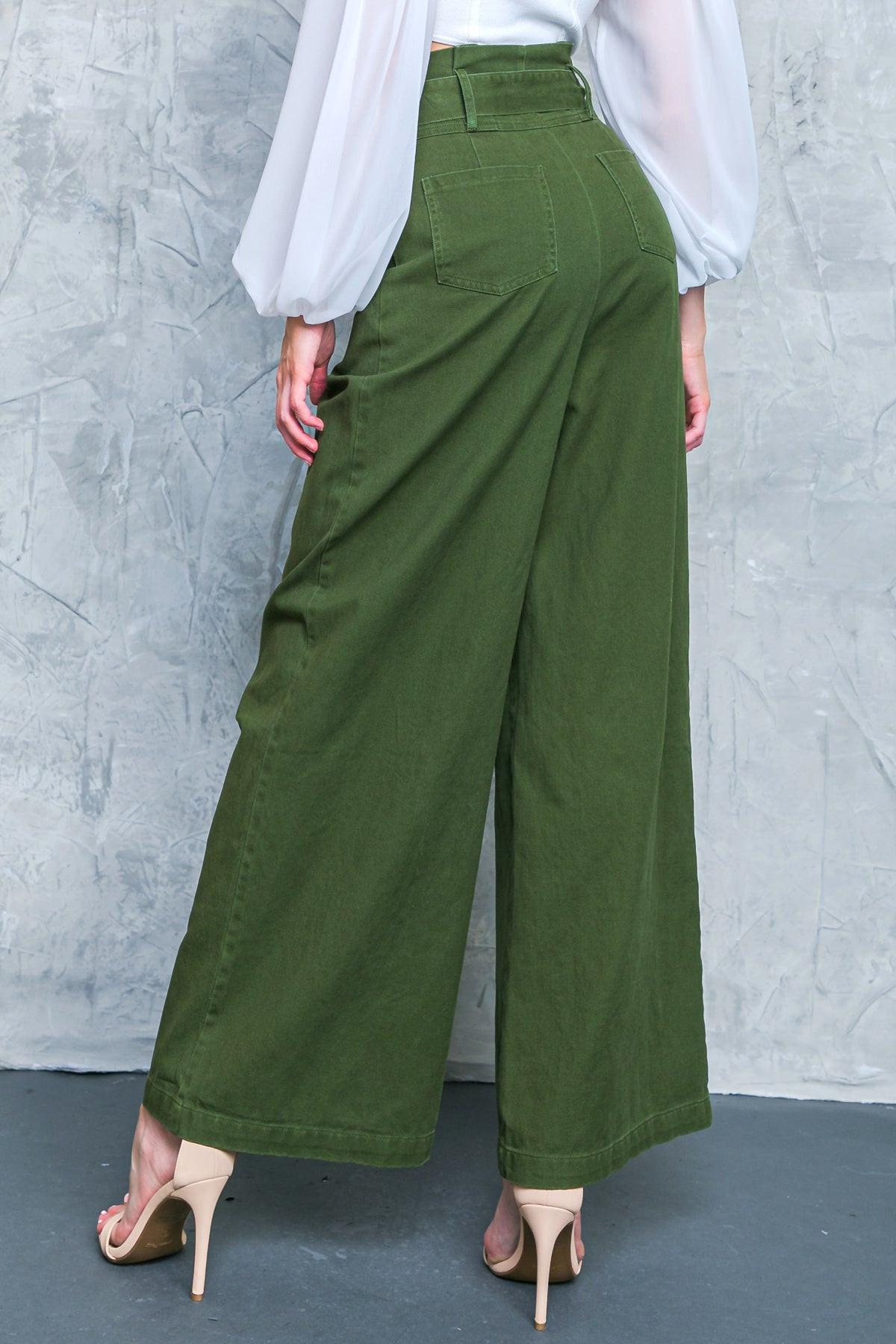 Big Moment Twill Pants High Waisted Paperbag Waist with Self Belt Wide Leg — Soul Flow Apparel