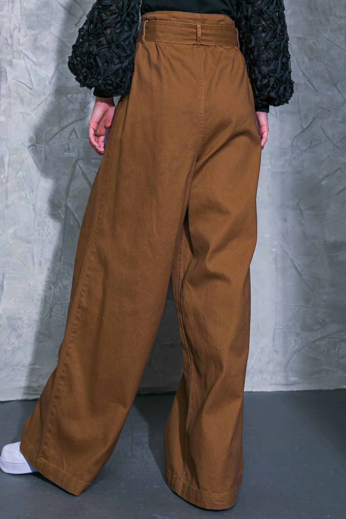 Thriving Weekend Twill Pants with High Waist Self Sash Belt and Wide Leg Pockets — Soul Flow Apparel