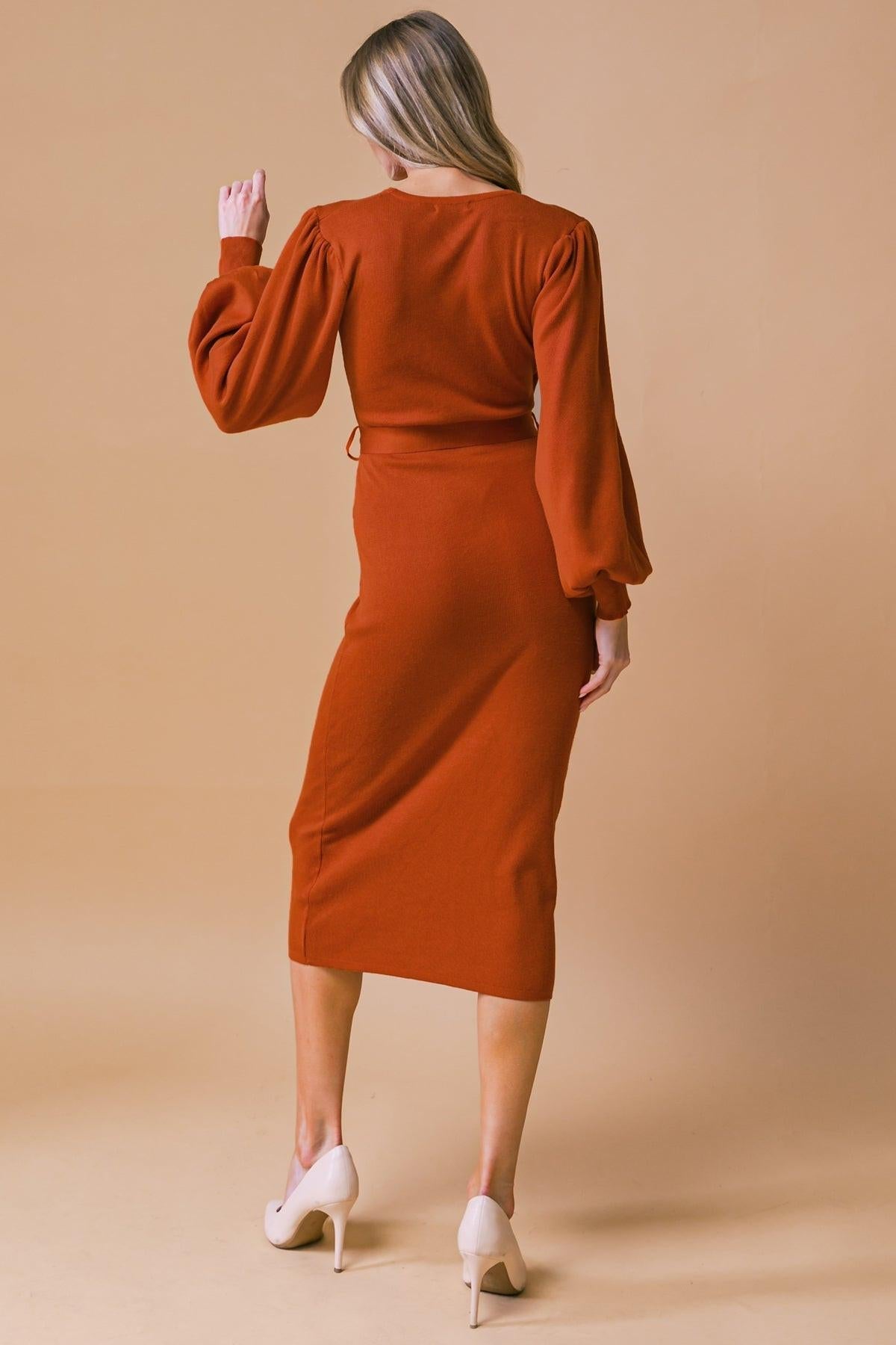 Adorable Ideal Sweater Midi Dress with Surplice Neckline Blouson Sleeves — Soul Flow Apparel