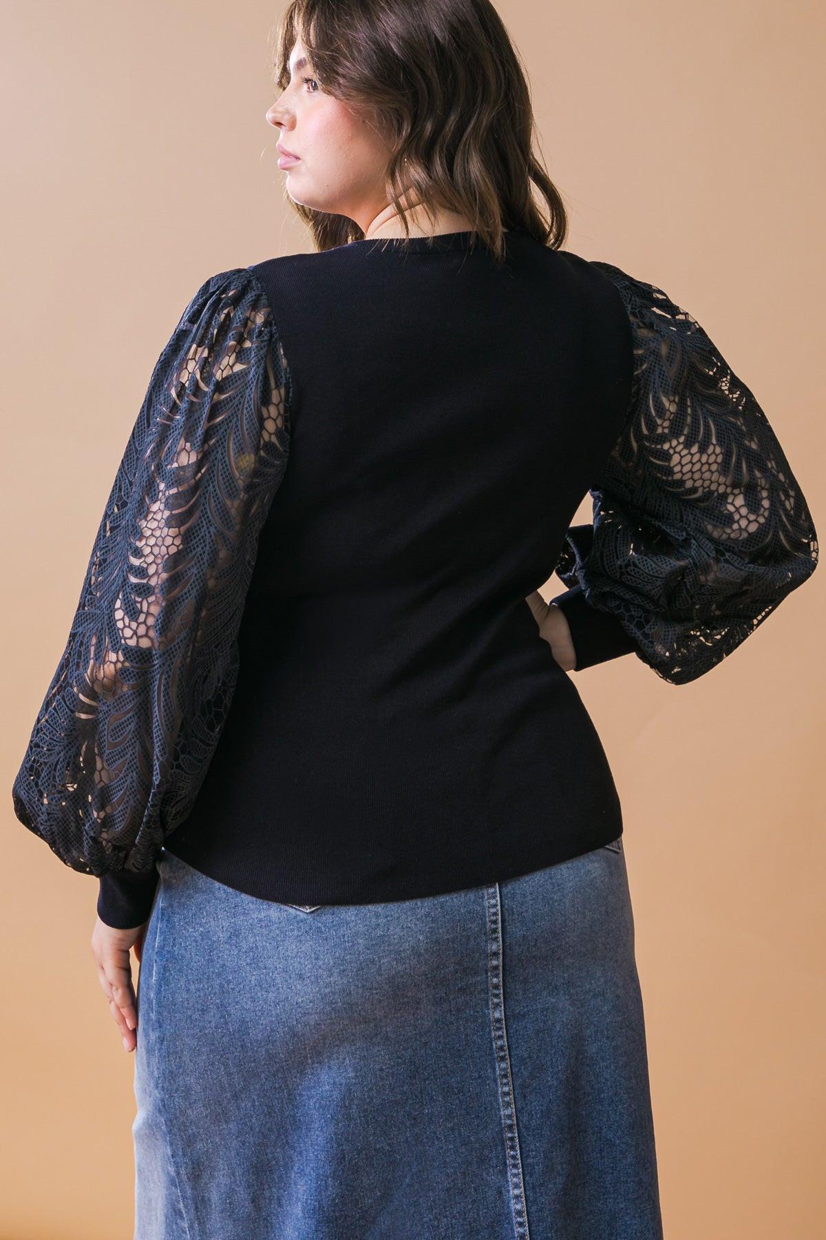 Leisure Life Knit Sweater Top with Round Neckline and Contrasting Puff Sleeves — Soul Flow Apparel