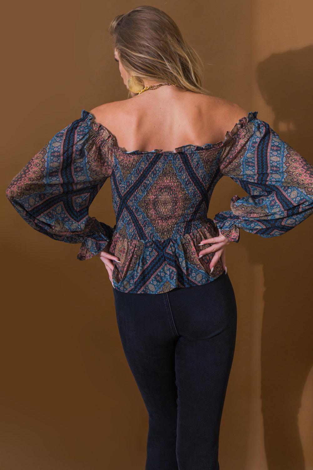 Boho Rainbow Woven Top With Off Shoulder Ruffle Puff Sleeves Peplum