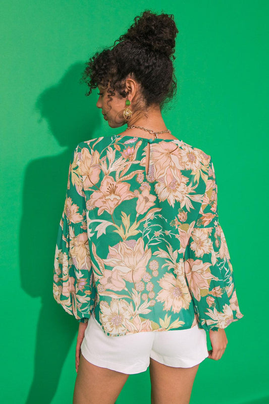 Daybreak Skyline Woven Top Round Neck Shirred Sleeves Back Keyhole Closure — Soul Flow Apparel