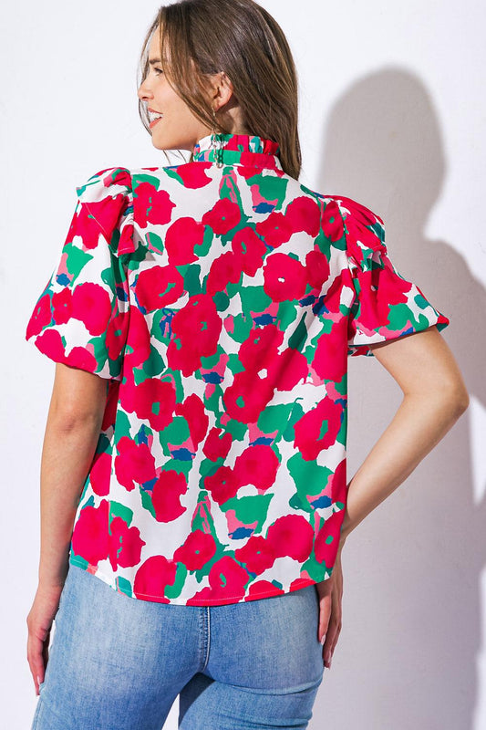 I Can Wait Forever Printed Woven Top with High Ruffled Neckline — Soul Flow Apparel