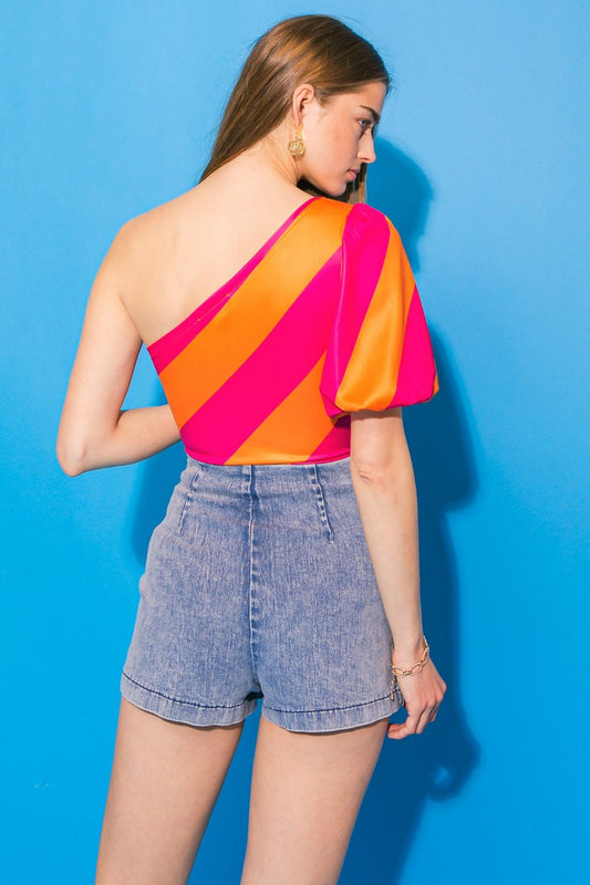 Breezy Vides Ponti Bodysuit One Shoulder Puff Sleeve Snap Closure — Soul Flow Apparel