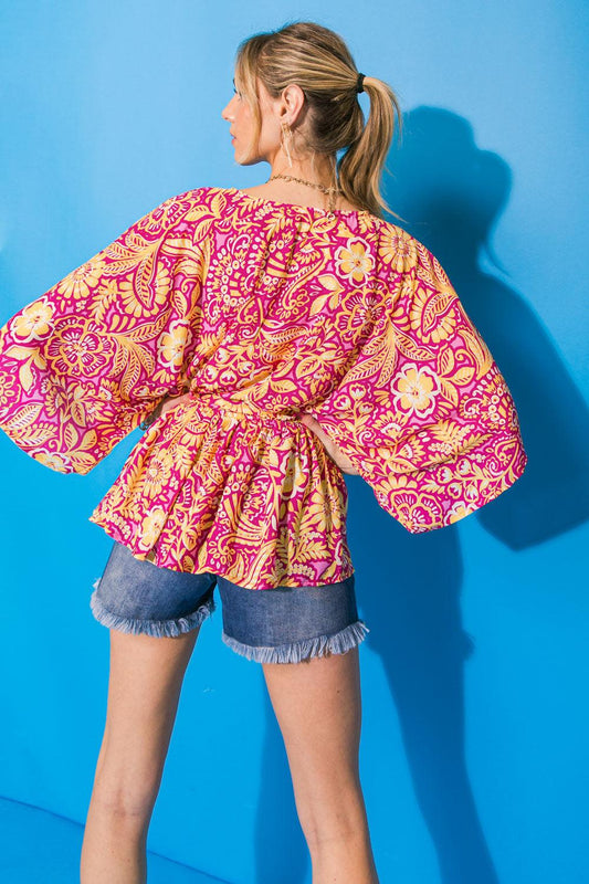 Gift of Love Woven Top with Surplice Neckline Kimono Sleeves and Peplum — Soul Flow Apparel