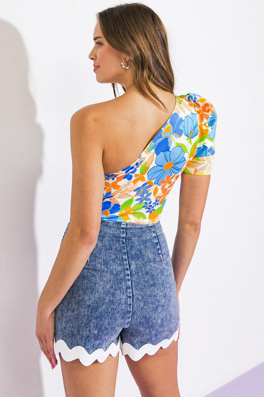 Sunny Approach Print One Shoulder Bodysuit with Puff Sleeve Snap Closure — Soul Flow Apparel