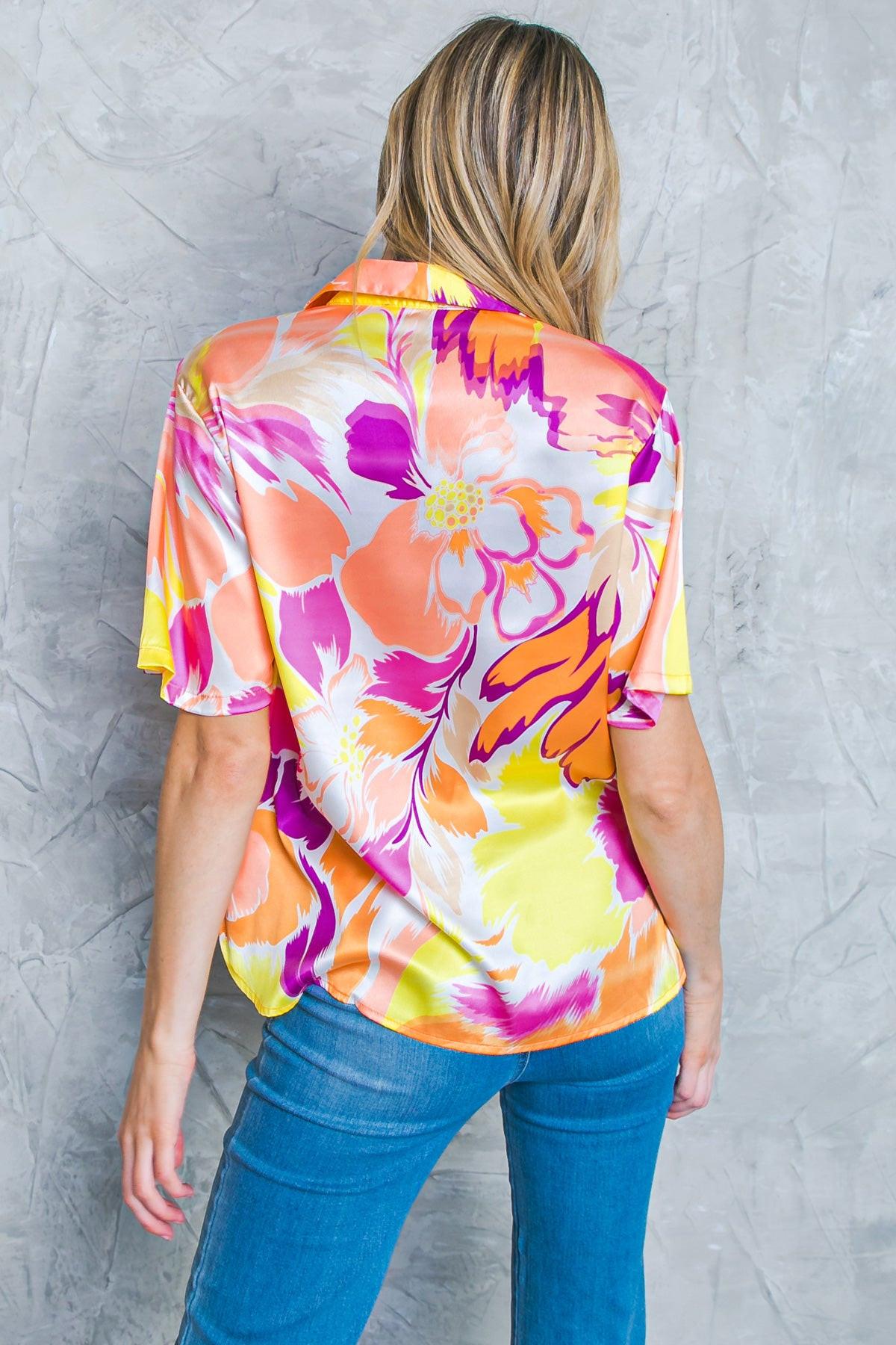Hello Aroha Satin Printed Woven Top Short Sleeve Button Front Collar — Soul Flow Apparel