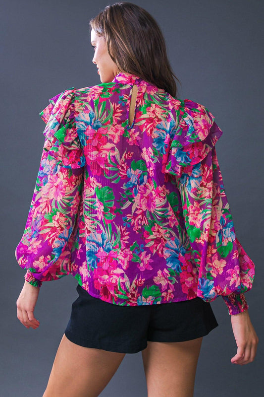 Makes Me Happy Woven Top Long Sleeve High Neck with Smocked Cuffs — Soul Flow Apparel