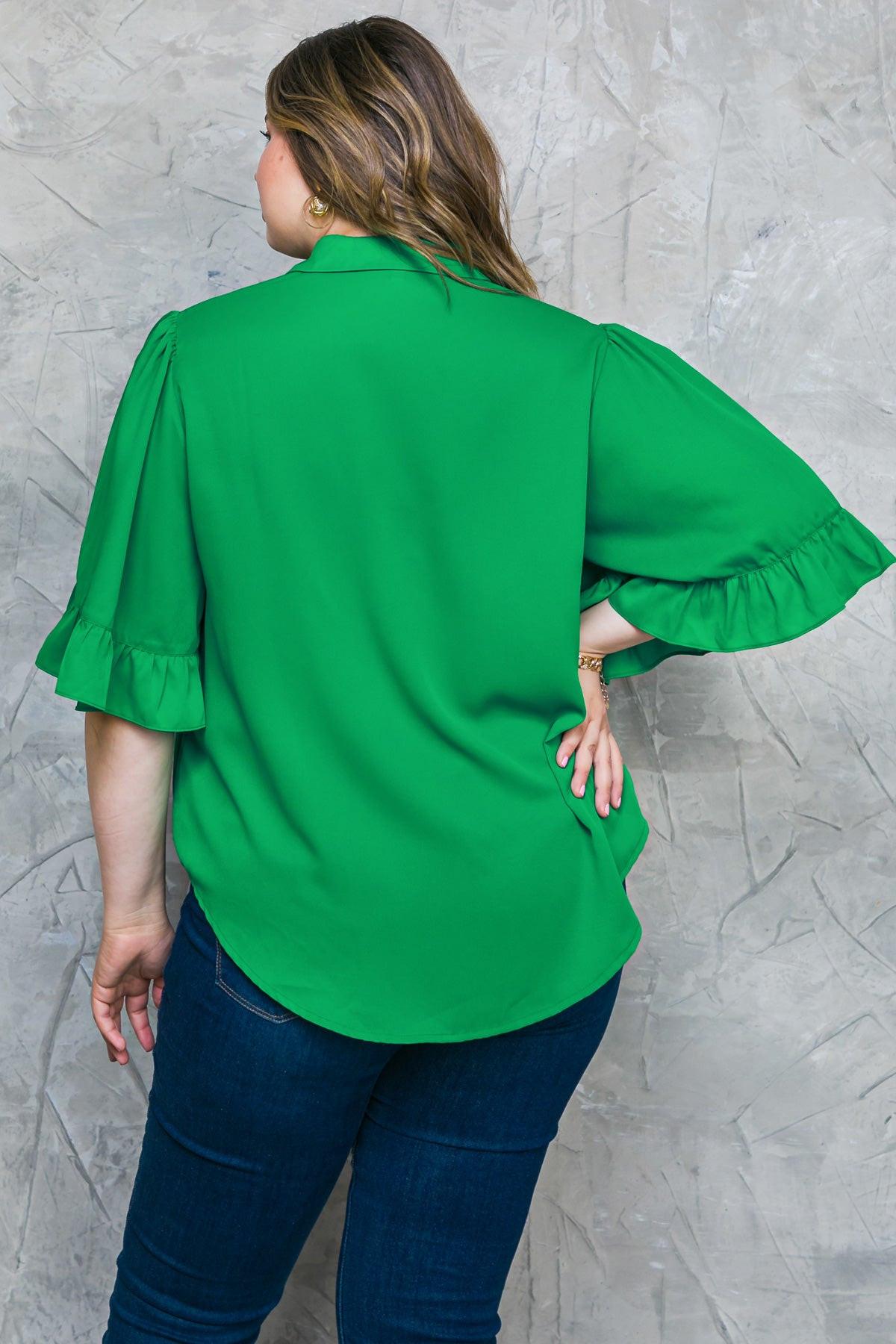 Back to Business Woven Top Shirt Collar Bell Sleeve Blouse for Work — Soul Flow Apparel