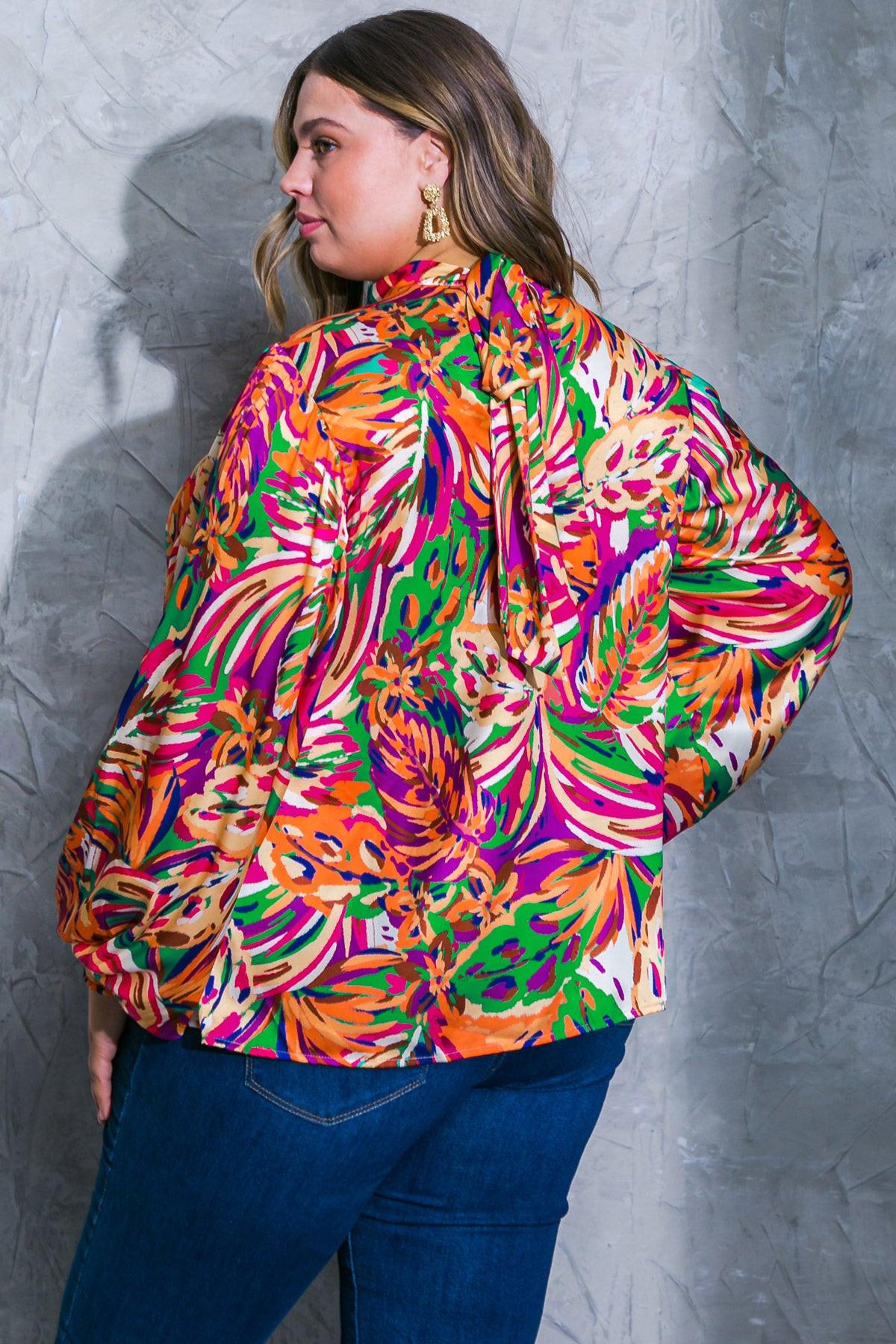 Adoring Devotion Woven Top with High Neck Long Sleeves and Tie Back Print — Soul Flow Apparel