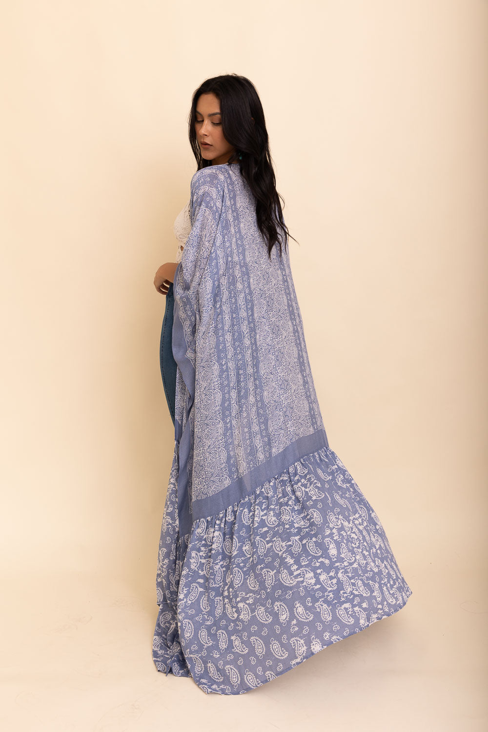 Leto Collection Paisley Free Flow Kimono in chambray with intricate paisley patterns and lightweight fabric.