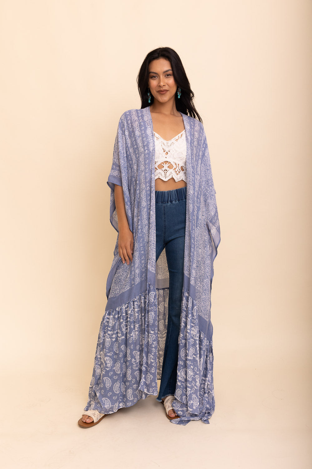 Leto Collection Paisley Free Flow Kimono in chambray with a lightweight, open-front design and intricate paisley pattern.