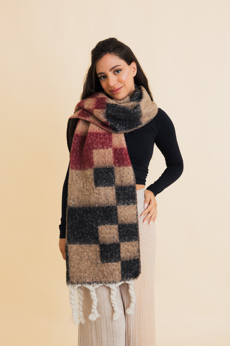 Multi Colored Checkered Scarf w/ Tassels Leto Collection