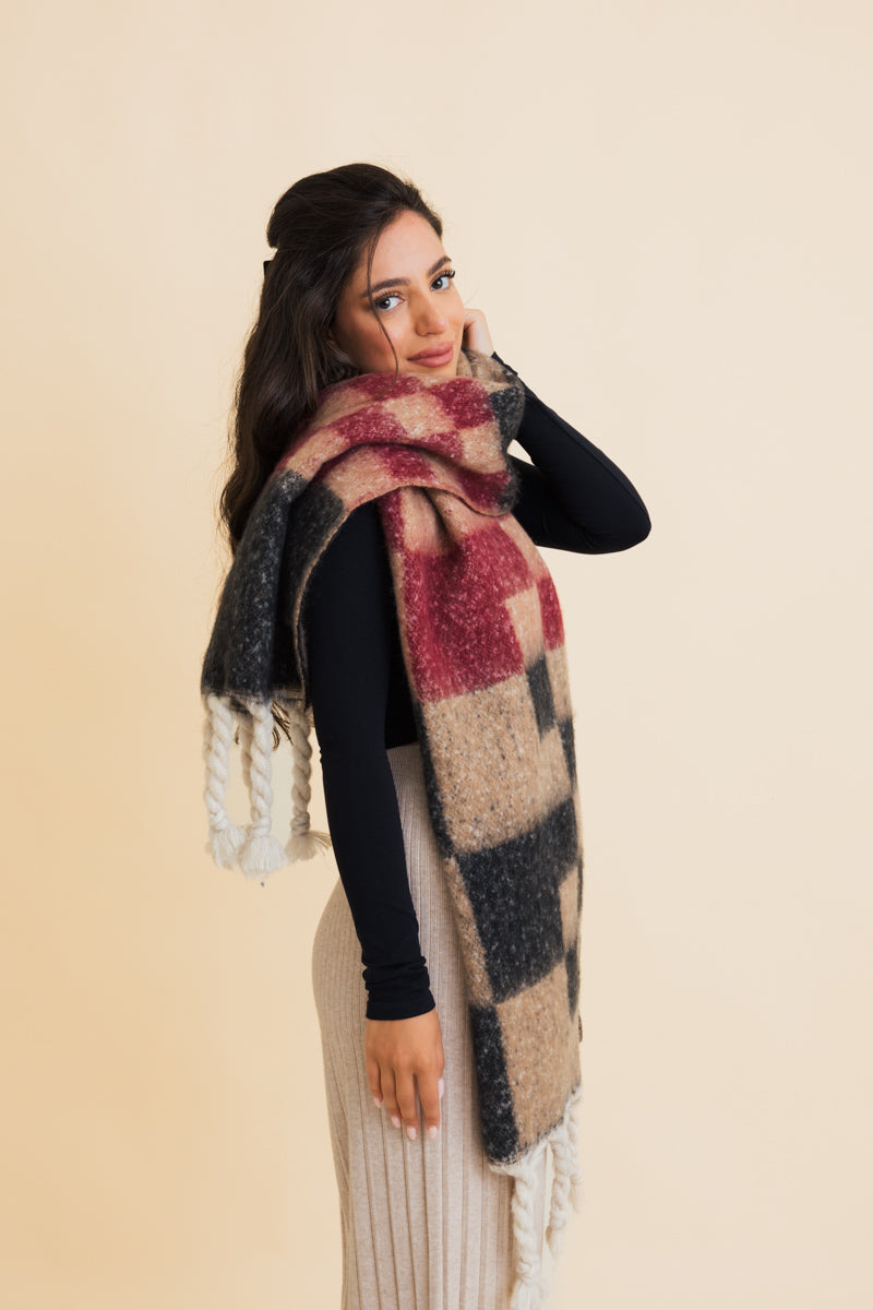 Multi Colored Checkered Scarf w/ Tassels Leto Collection