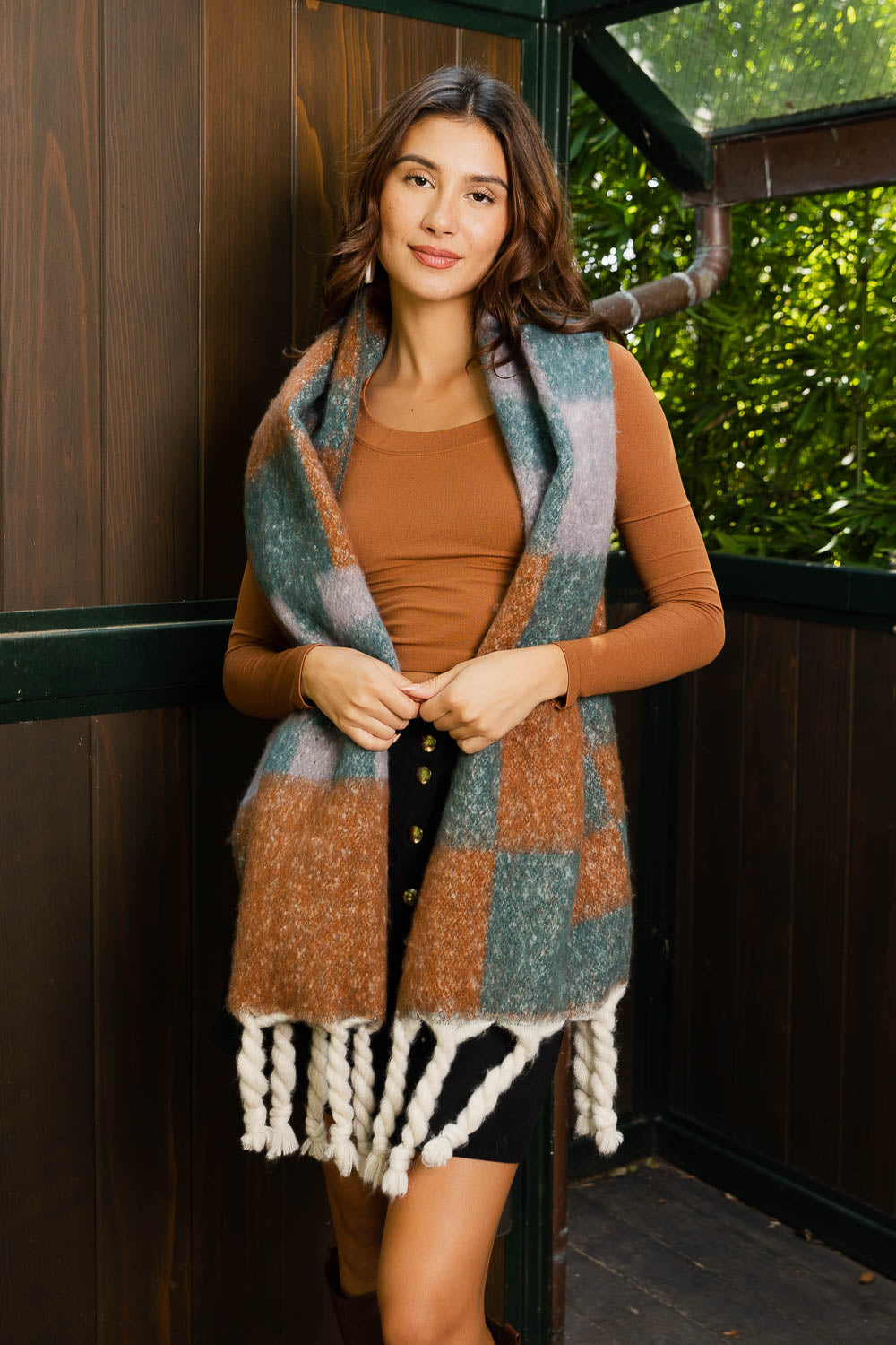 Multi Colored Checkered Scarf w/ Tassels Leto Collection