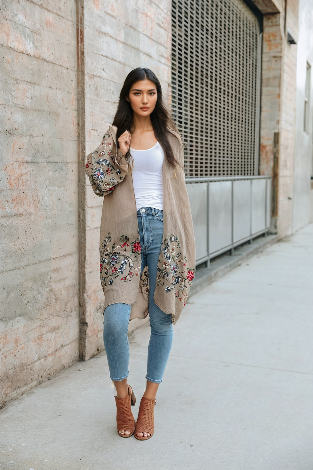 Versatile long mocha floral kimono with soft viscose blend.