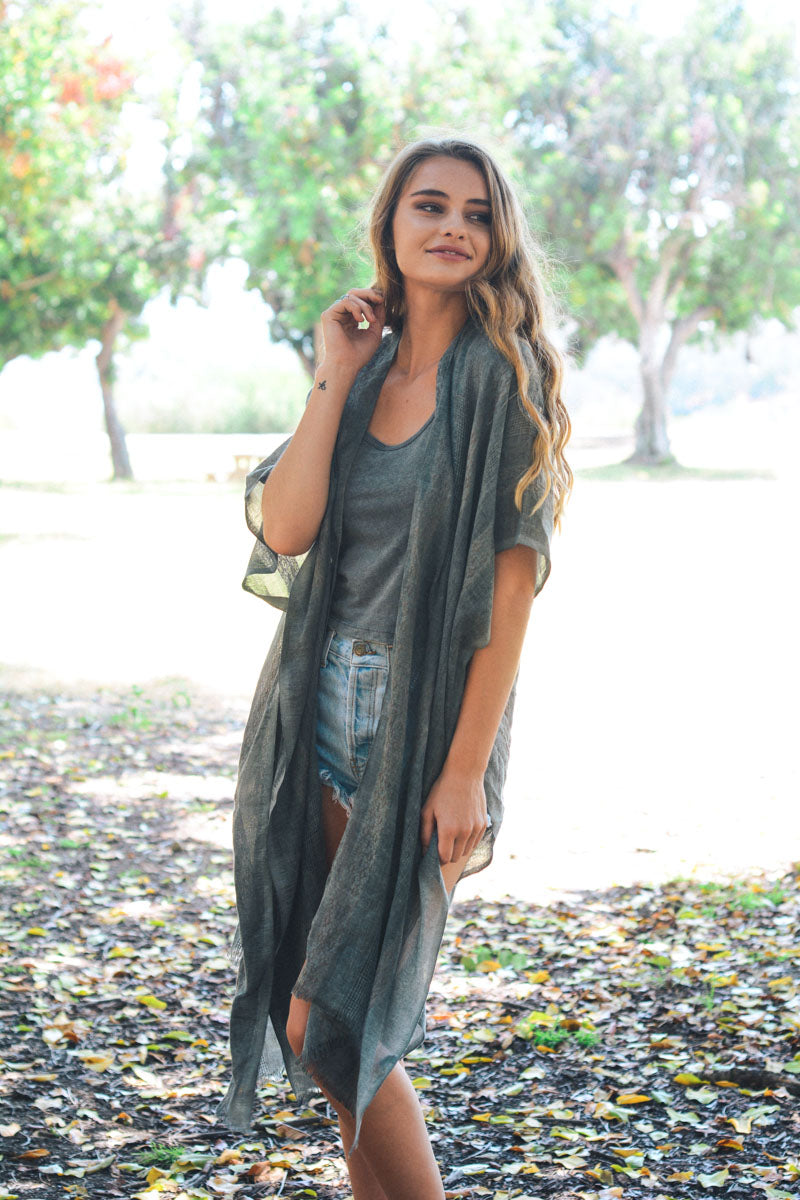 Charcoal woven long line tribal kimono by Leto Collection featuring intricate patterns and lightweight fabric.