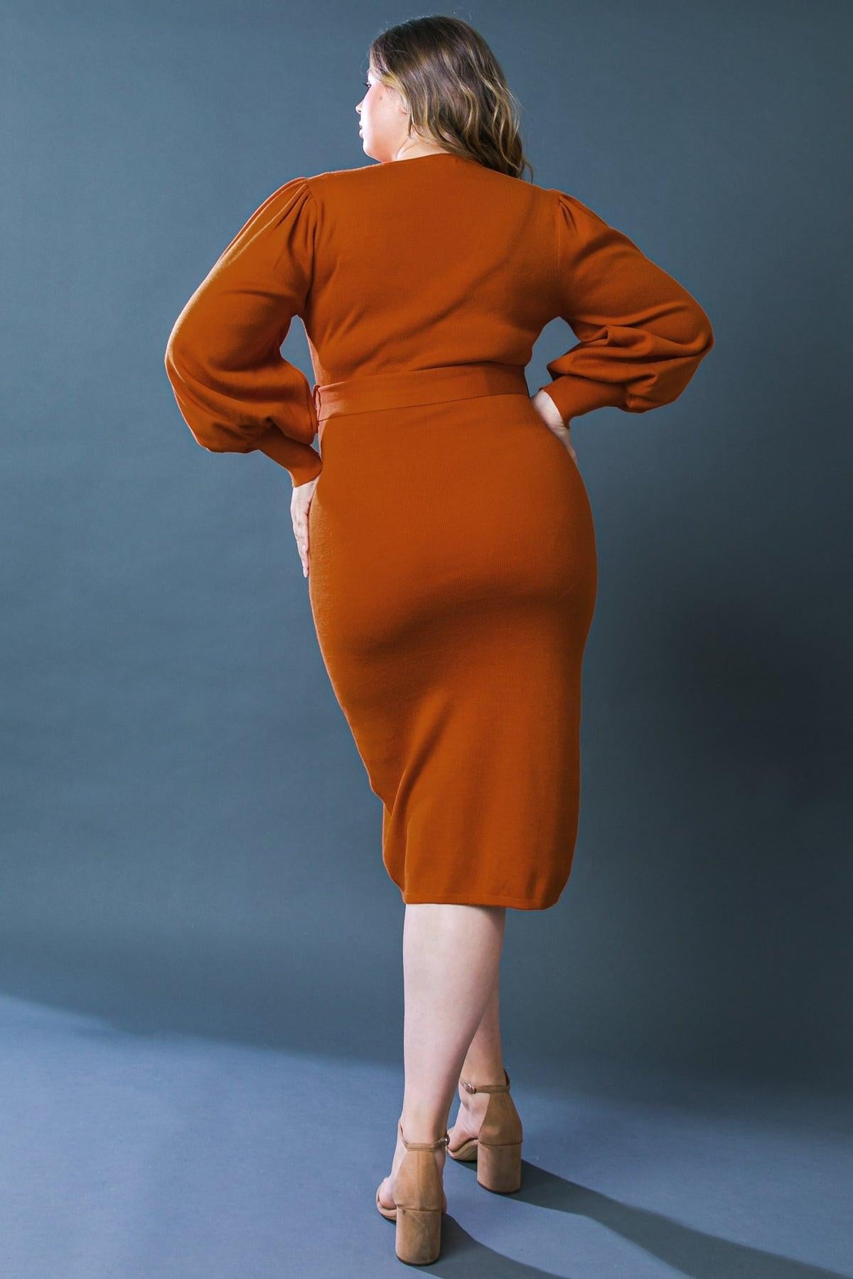 Adorable Ideal Sweater Midi Dress with Surplice Neckline Blouson Sleeves — Soul Flow Apparel