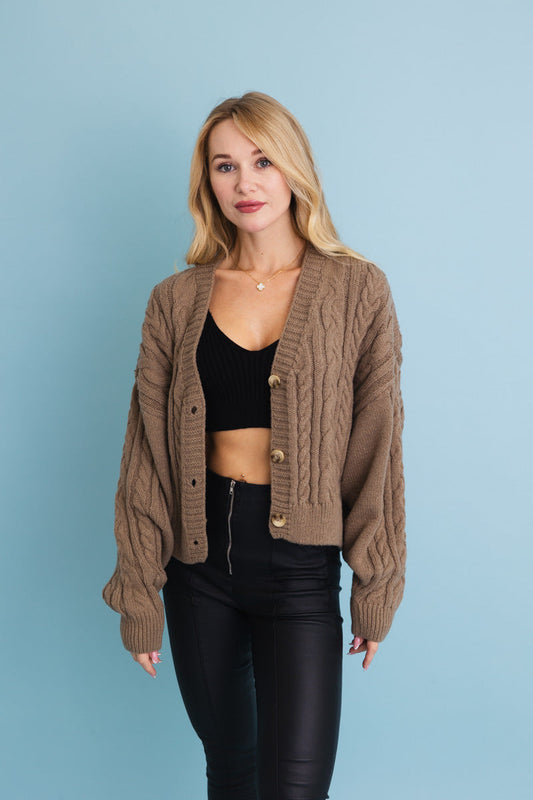 Chunky Cable Knit Button-Up Cropped Cardigan 🧥 Leto Collection