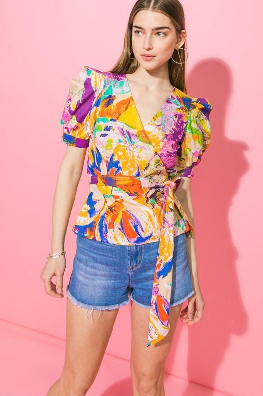 Nothing to Lose Poplin Wrap Top with Puff Sleeves and Peplum in 20pur 20or17 — Soul Flow Apparel
