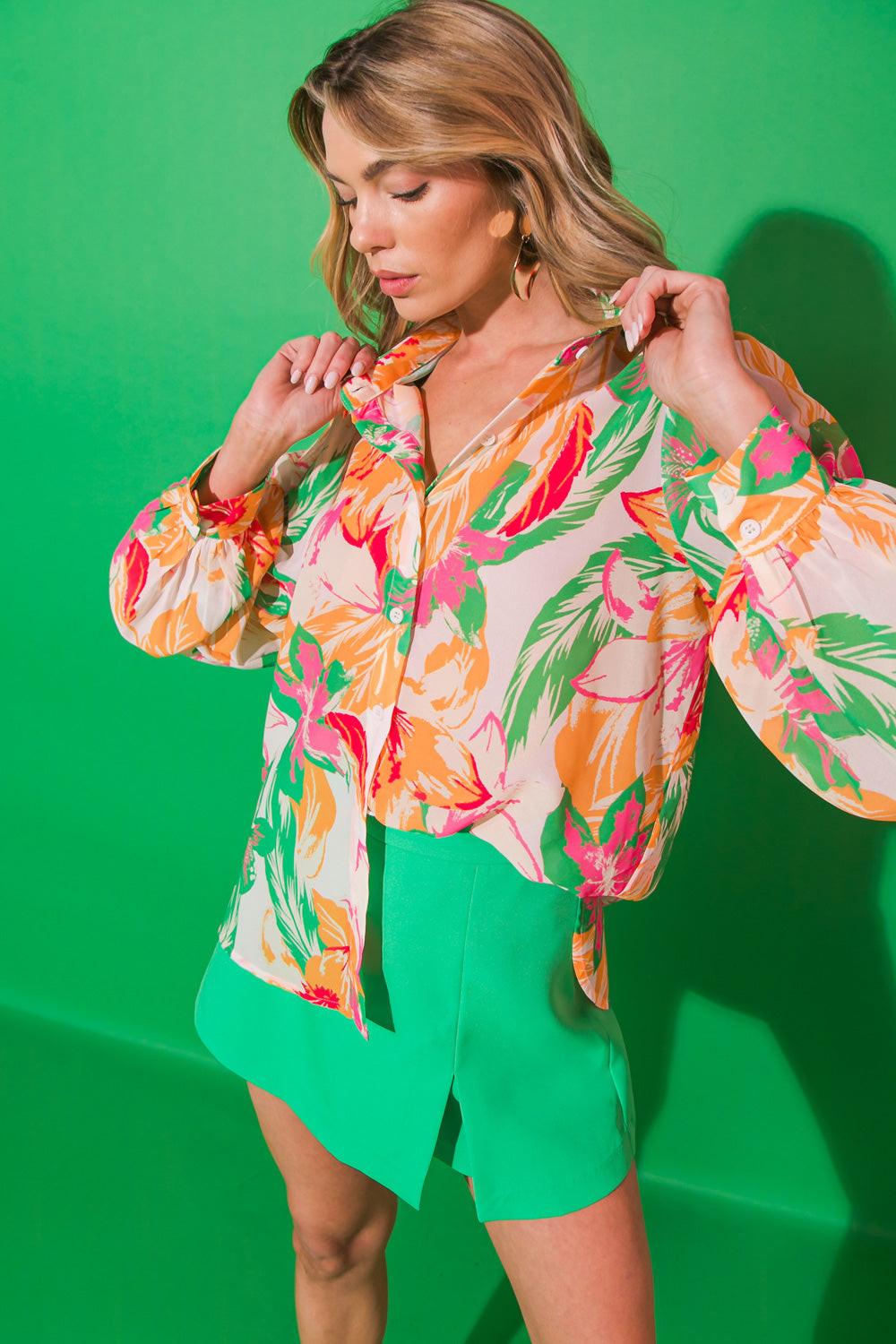 Born to Sparkle Woven Top Shirt Collar Button Down Peasant Sleeves in 20gre 20org, view 2024 — Soul Flow Apparel
