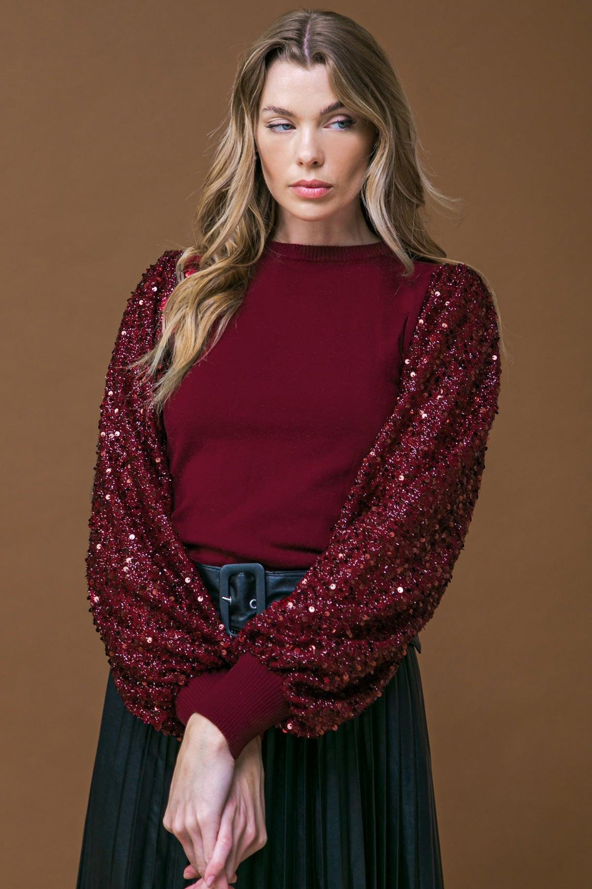 Feeling the Fun Sequin Puff Sleeve Knit Sweater Top in 20bur33, view 20 — Soul Flow Apparel
