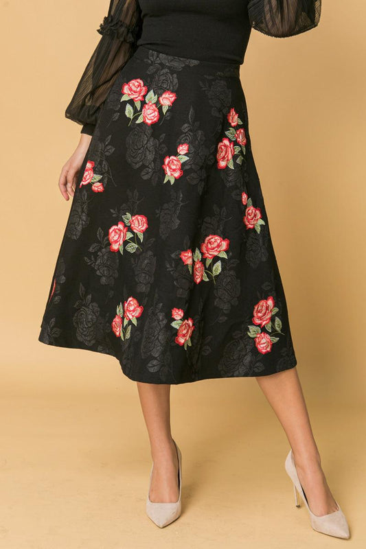 Rose Embroidery Midi Skirt Polyester with Black Rose Brocade Detail in 20blk, view 2012 — Soul Flow Apparel