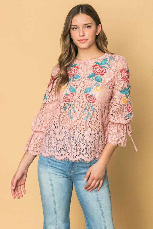 Embroidered Lace Top with Floral Embroidery for Elegant Silhouette in 20blush, view 2 — Soul Flow Apparel