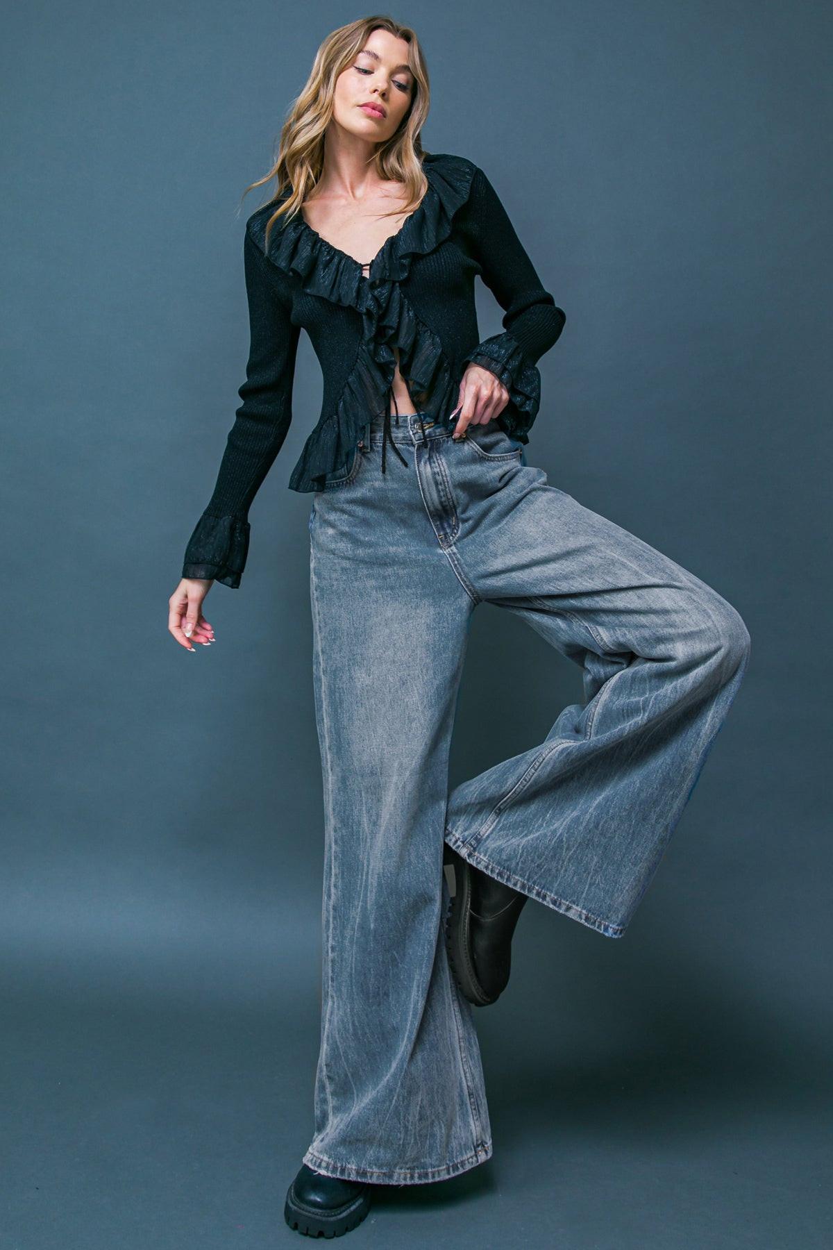 Daring Trend Washed Denim Pants Wide Leg Front Pockets for Everyday Wear in 20med 20ind30 — Soul Flow Apparel
