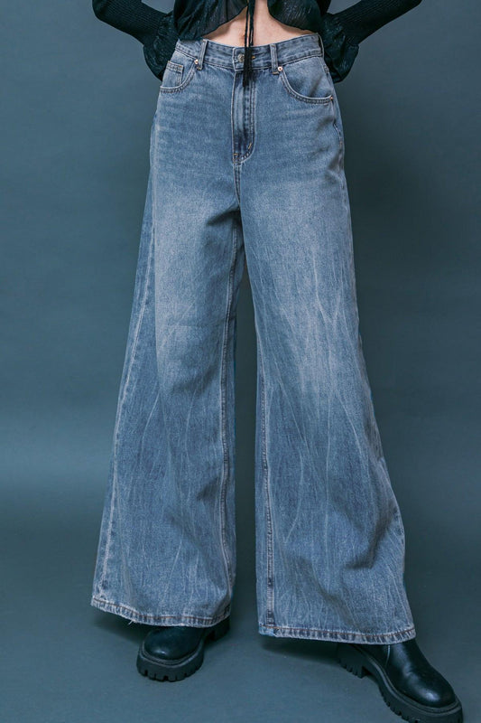 Daring Trend Washed Denim Pants Wide Leg Front Pockets for Everyday Wear in 20med 20ind33 — Soul Flow Apparel