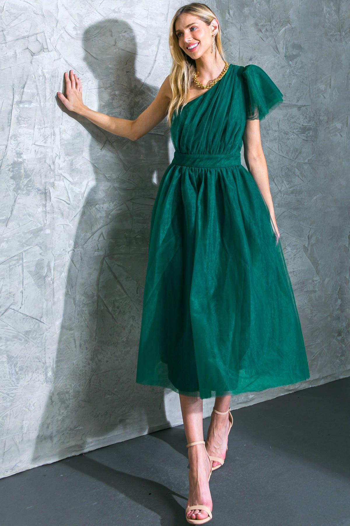 Lively Charm Tulle Midi Dress One Shoulder Silhouette With Layered Sleeve