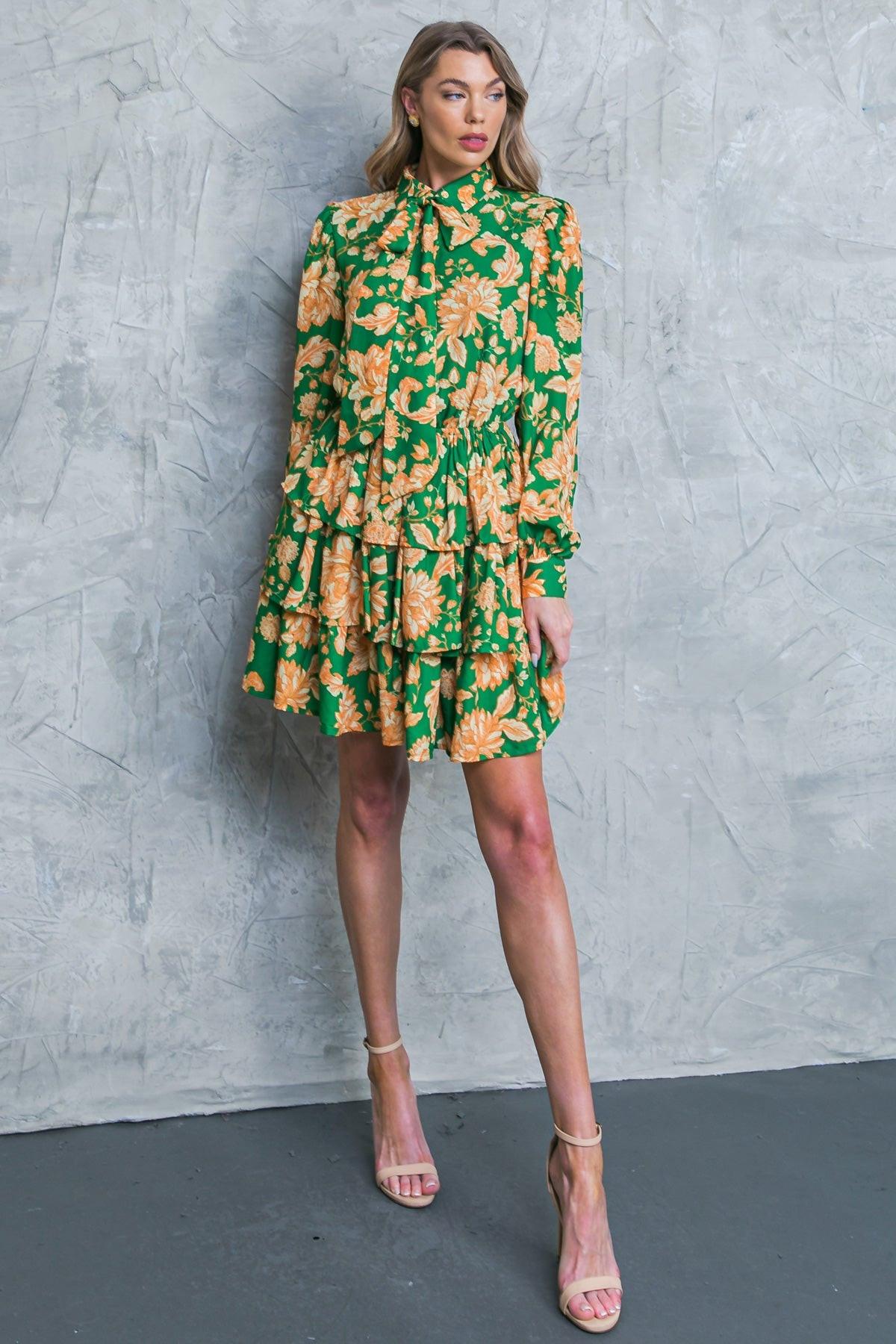 Girl in Mine Printed Woven Mini Dress with Collar Tie and Elastic Waist in 20gre27 — Soul Flow Apparel