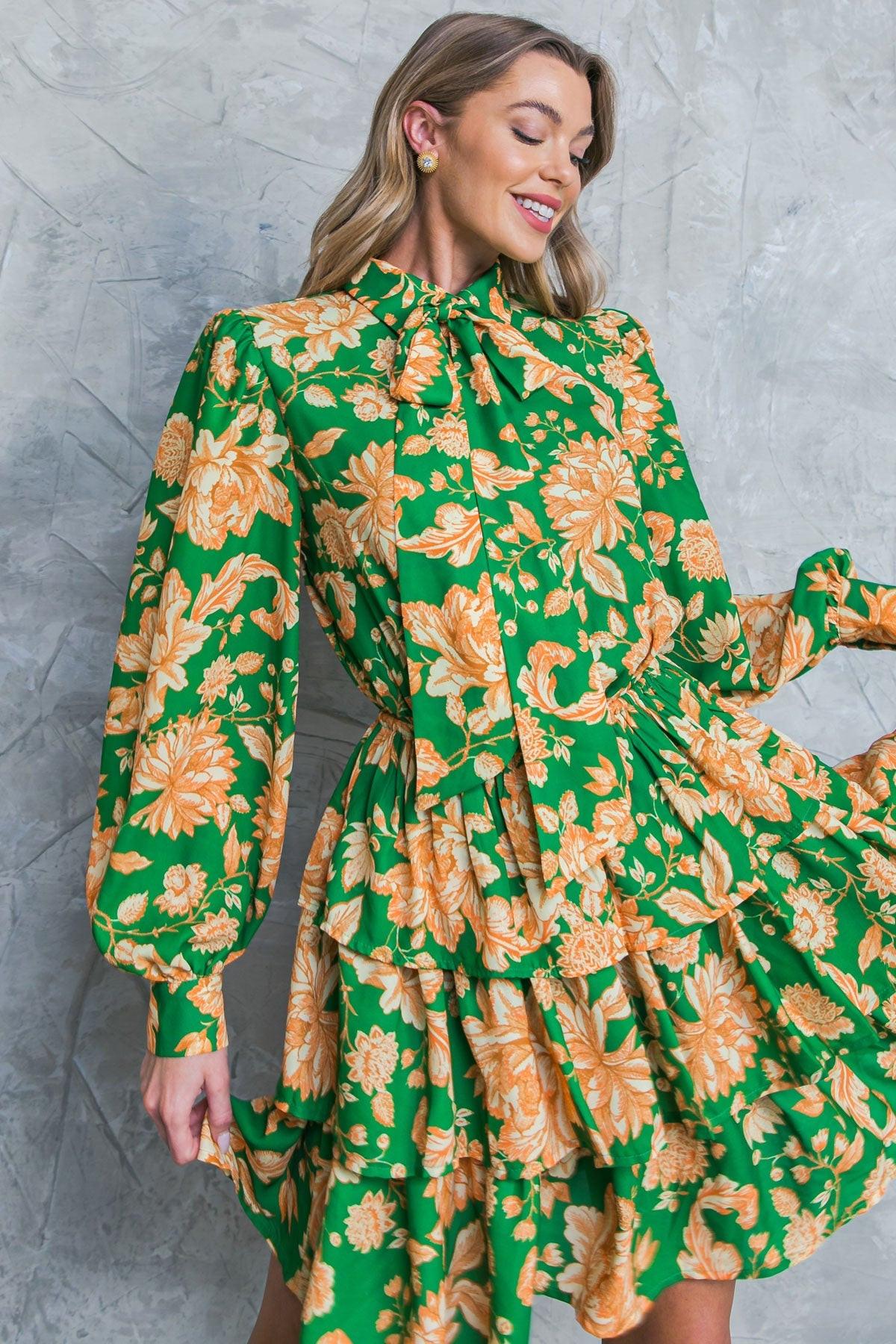 Girl in Mine Printed Woven Mini Dress with Collar Tie and Elastic Waist in 20gre29 — Soul Flow Apparel