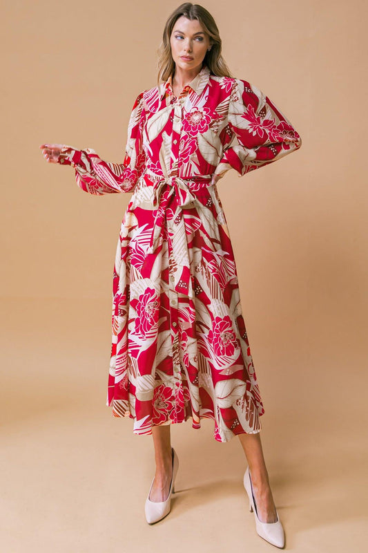 Heart of Woven Midi Dress with Shirt Collar Button Front and Self Tie in 20bur27, view 1 — Soul Flow Apparel