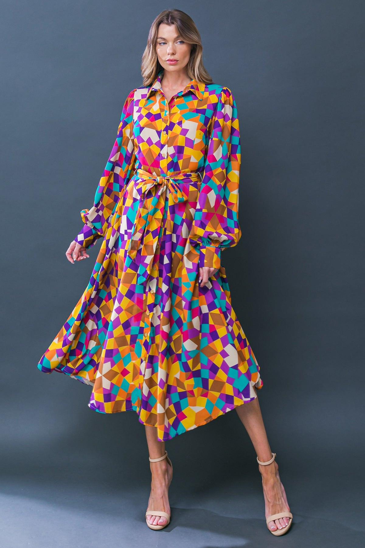 Change in the Air Woven Midi Dress with Shirt Collar and Removable Sash in 20pur 20tea27 — Soul Flow Apparel