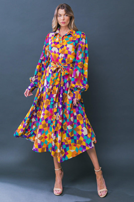 Change in the Air Woven Midi Dress with Shirt Collar and Removable Sash in 20pur 20tea27 — Soul Flow Apparel