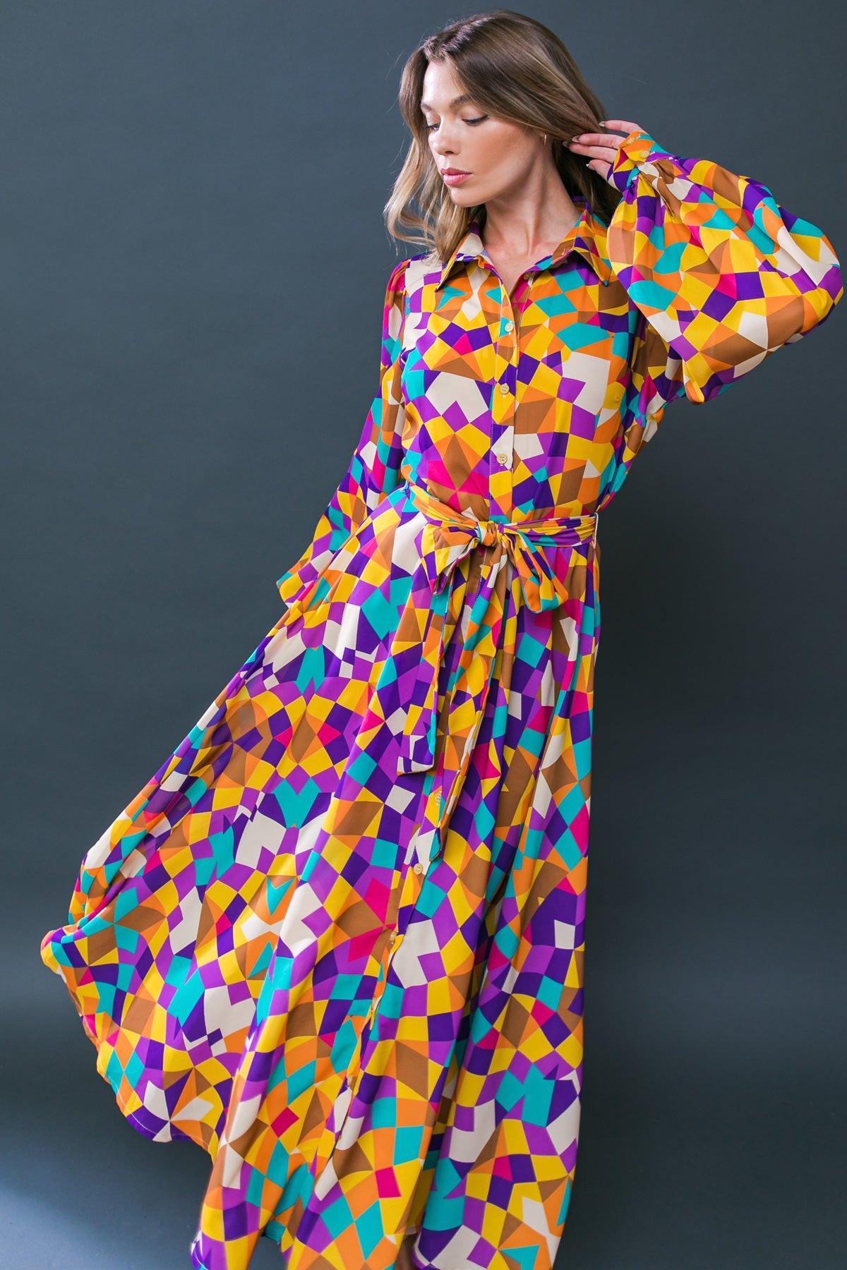 Change in the Air Woven Midi Dress with Shirt Collar and Removable Sash in 20pur 20tea29 — Soul Flow Apparel