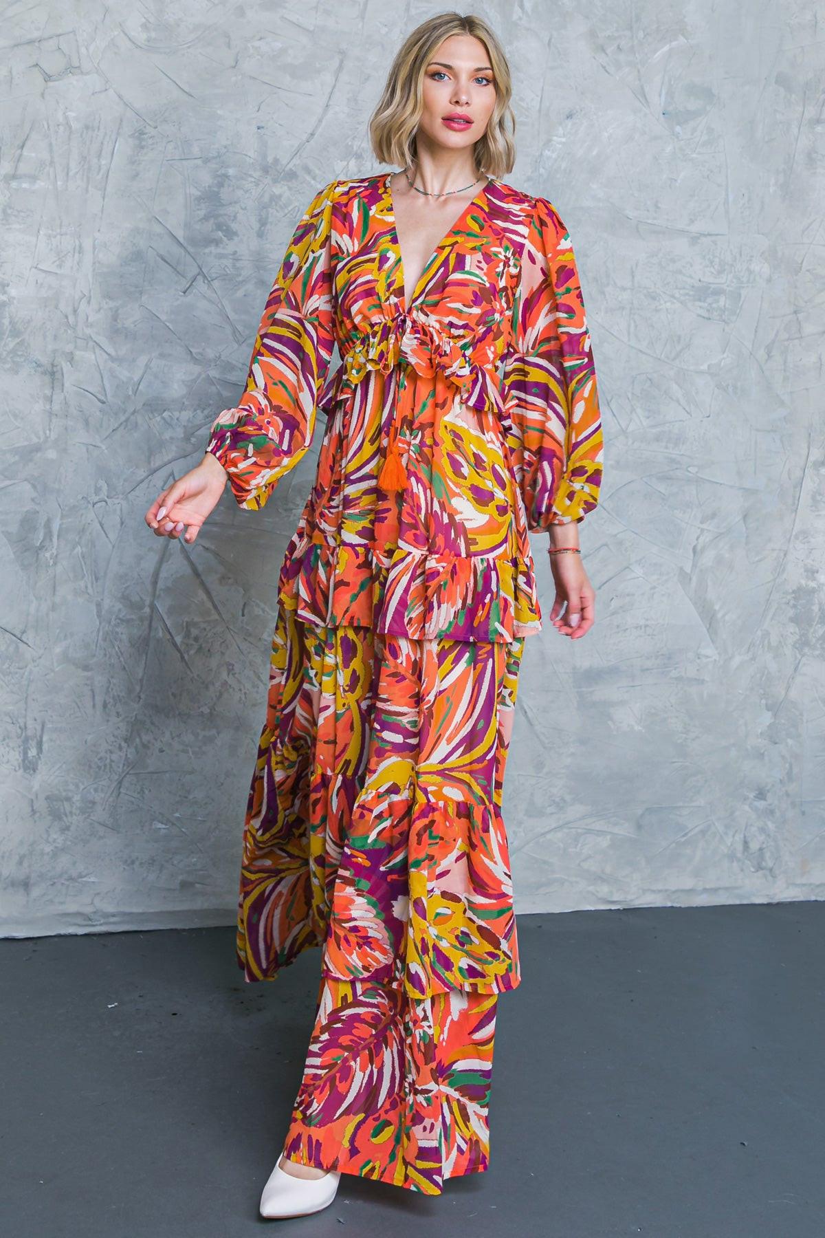 Wonderful Soul Woven Maxi Dress with V Neck Elastic Waist and Long Sleeves in 20rus31 — Soul Flow Apparel