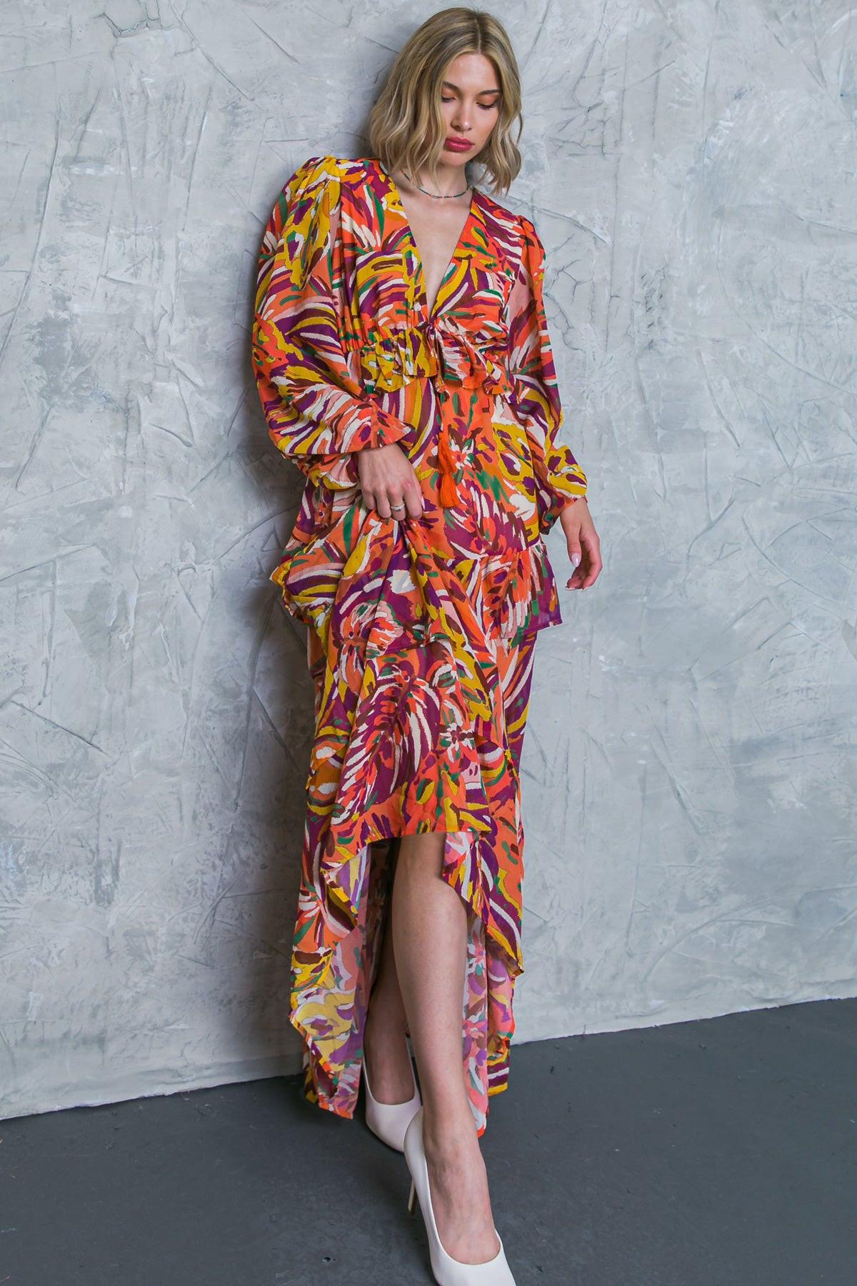 Wonderful Soul Woven Maxi Dress with V Neck Elastic Waist and Long Sleeves in 20rus48 — Soul Flow Apparel