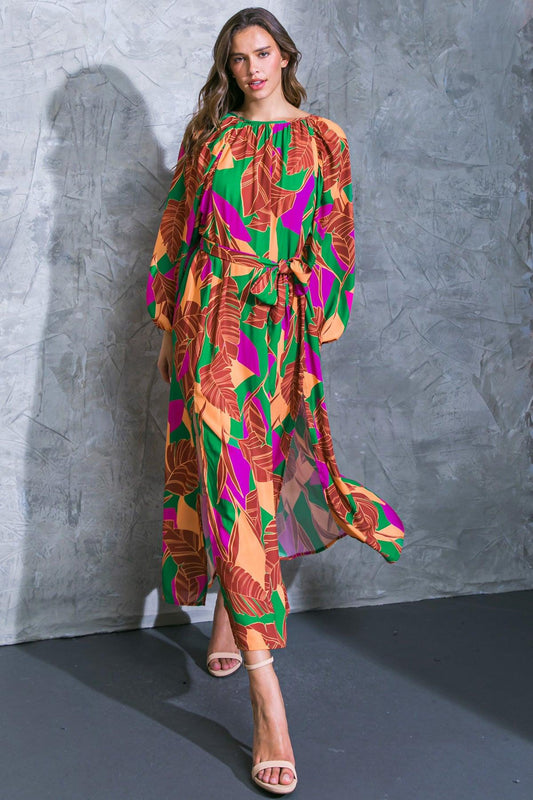 Cue the Chic Printed Woven Midi Dress with Self Tie Sash in 20gre 20bro10 — Soul Flow Apparel