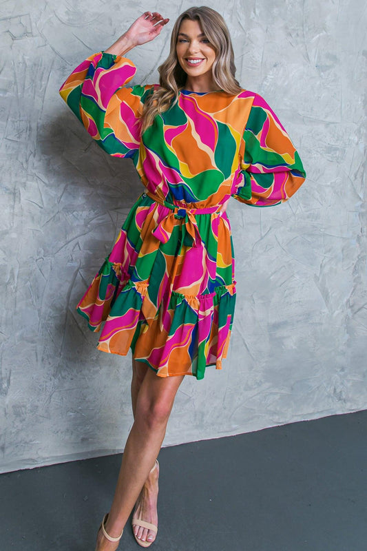 Thank Me Later Woven Mini Dress with Self Tie Waist Long Sleeve and Ruffled Hem in 20rus 20gre41 — Soul Flow Apparel
