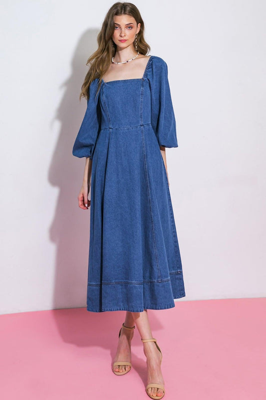Feelin's Groovy Denim Midi Dress Square Neckline Long Sleeve Back Zip Closure in 20med 20ind1 — Soul Flow Apparel