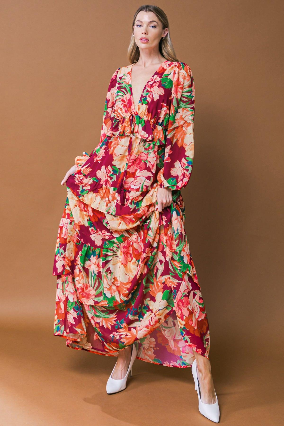Leave You Speechless Woven Maxi Dress with V Neckline Long Sleeve Tiered Skirt in 20bur34 — Soul Flow Apparel