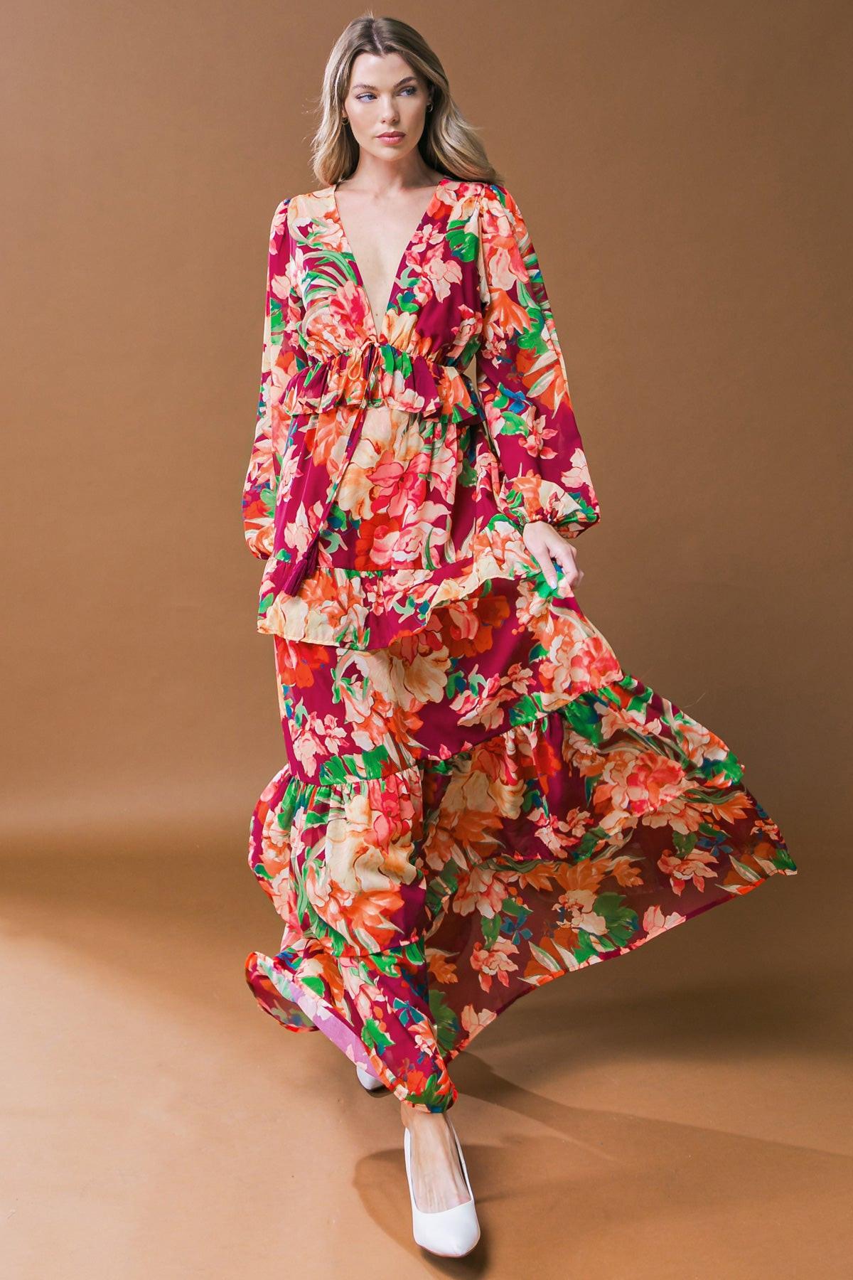 Leave You Speechless Woven Maxi Dress with V Neckline Long Sleeve Tiered Skirt in 20bur38 — Soul Flow Apparel