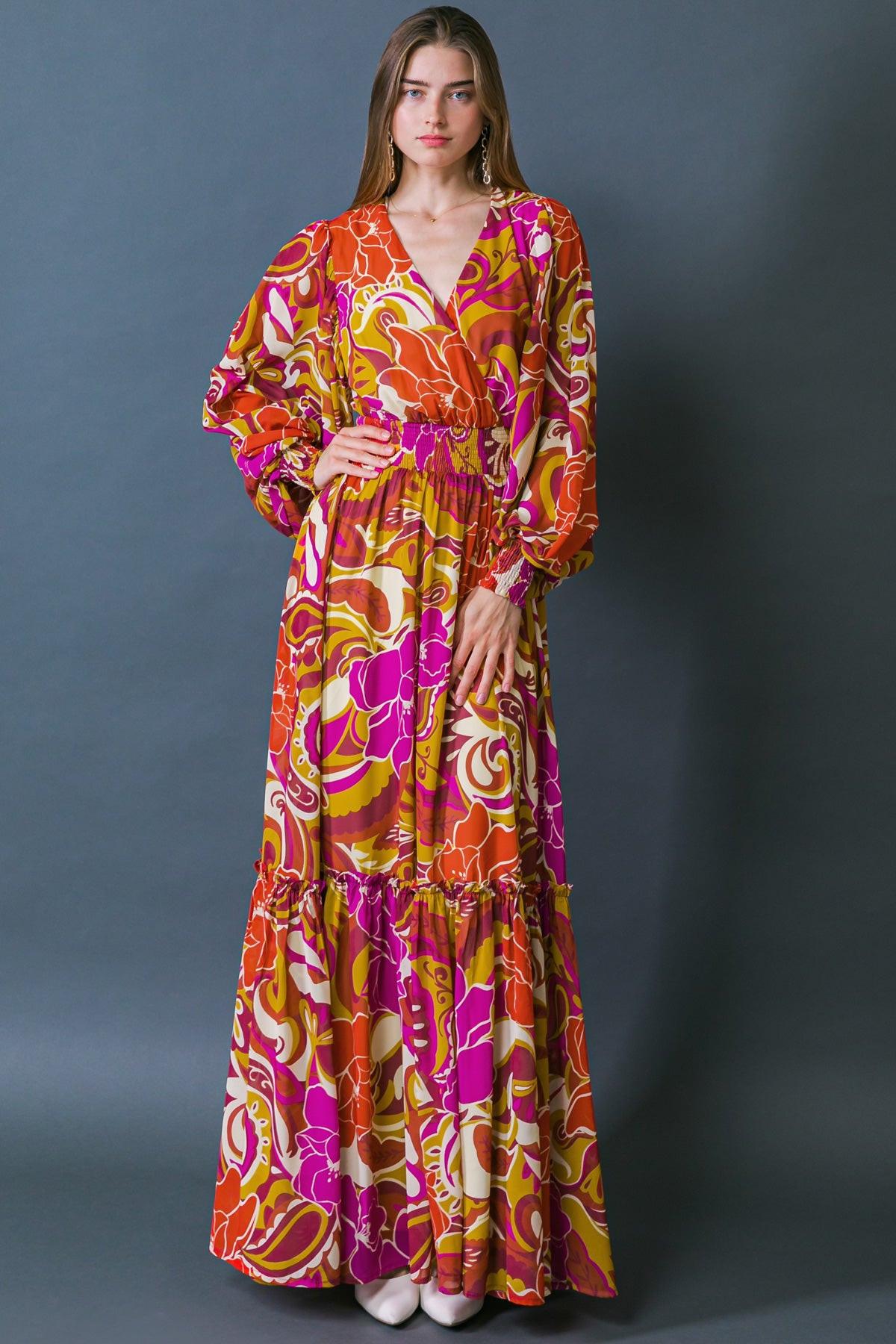 Ready For The Spotlight Printed Woven Maxi Dress With Surplice Neckline
