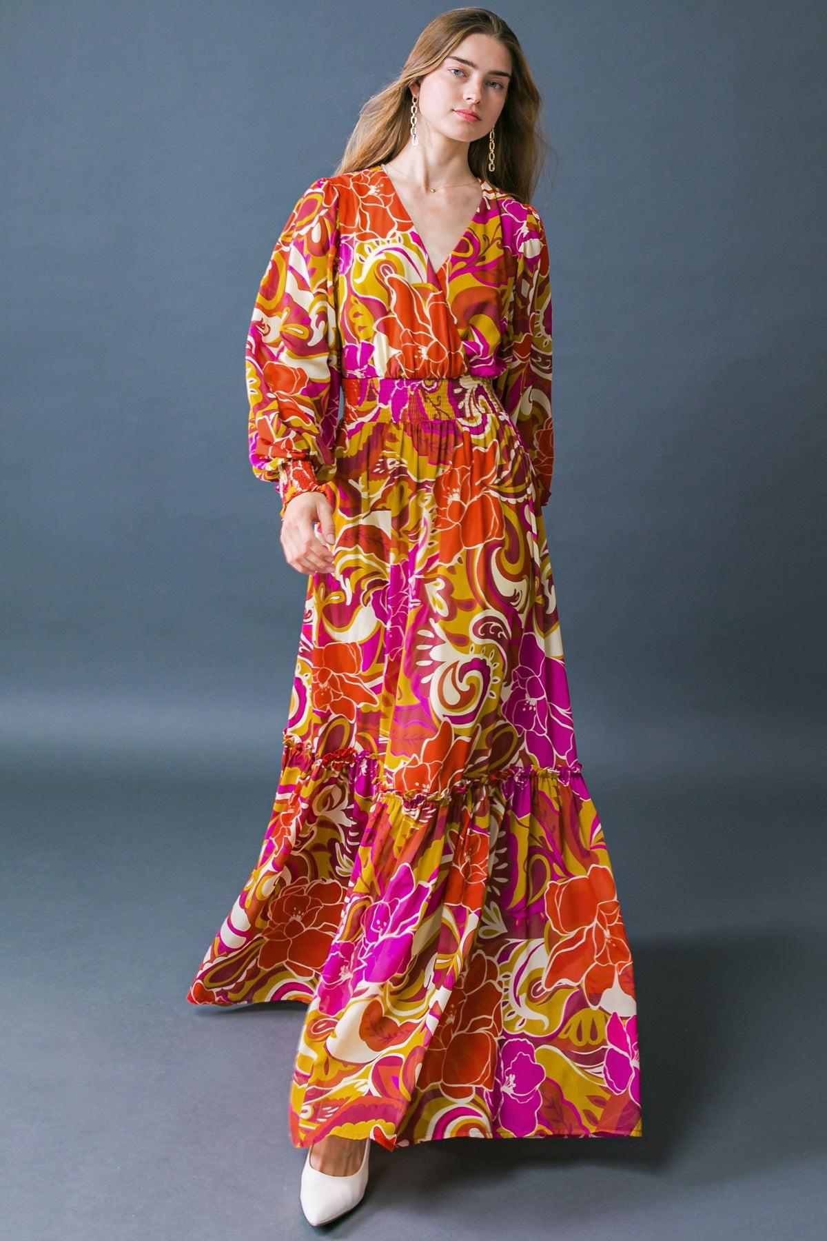 Ready For The Spotlight Printed Woven Maxi Dress With Surplice Neckline