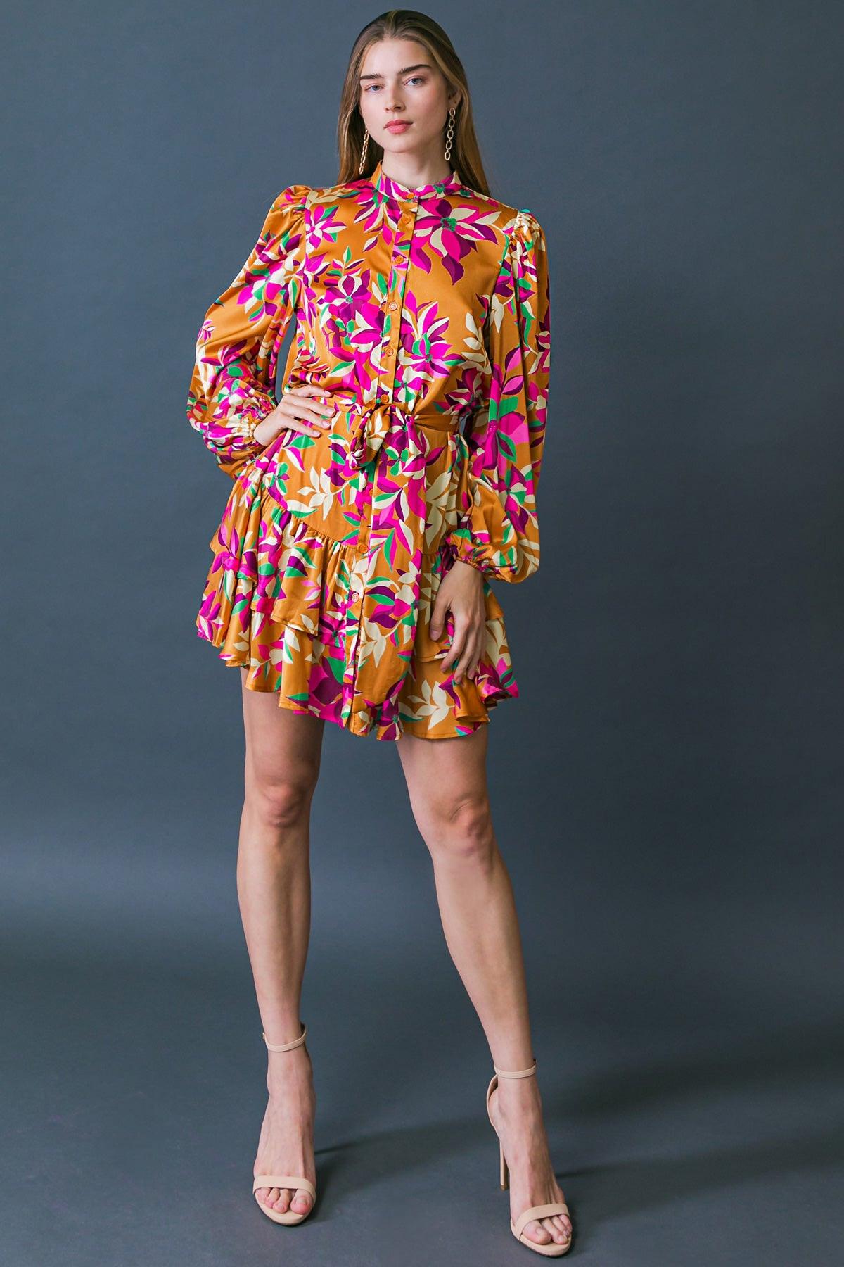 Just Believe in Me Woven Mini Dress Printed with China Collar Button Down in 20bron1 — Soul Flow Apparel